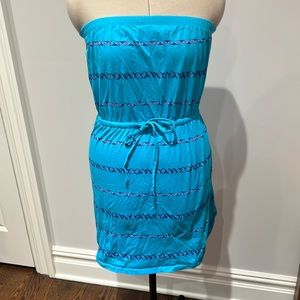 Blue Strapless Drawstring Beach Swimsuit Cover-Up